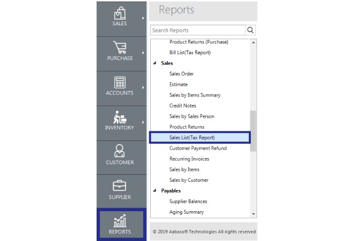 Sales List (Tax Report) In Accoxi