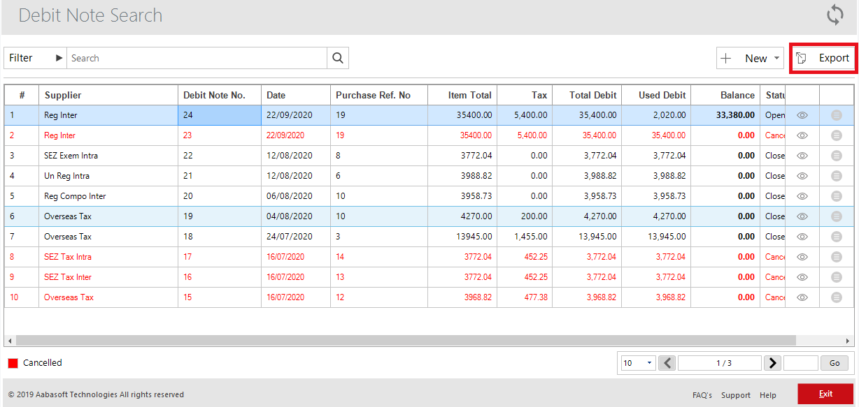 Export Option In Debit Notes