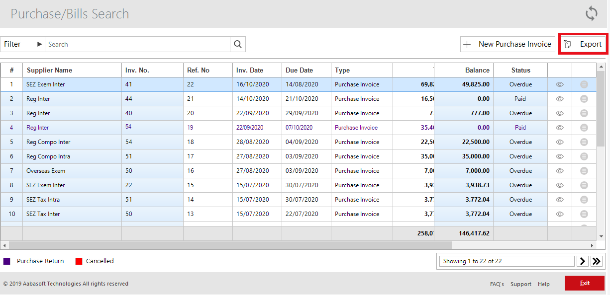 Export Option In Purchase Search