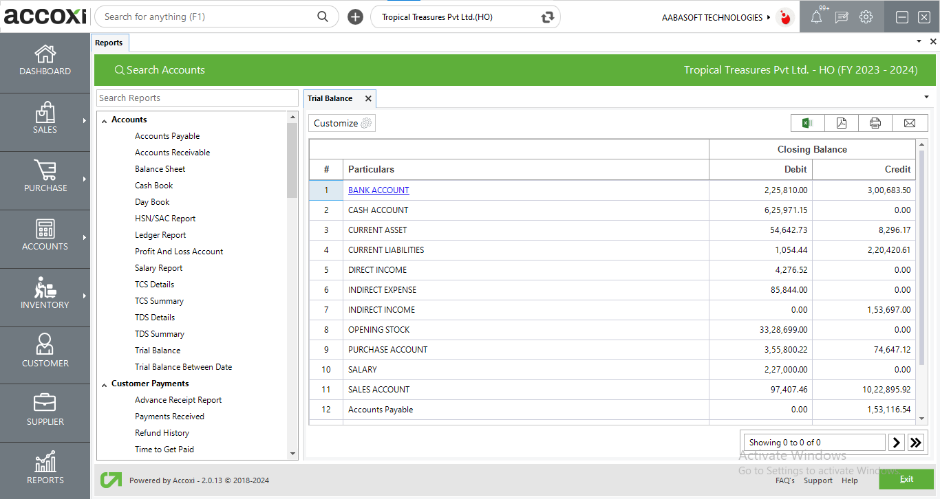 Trial Balance Report