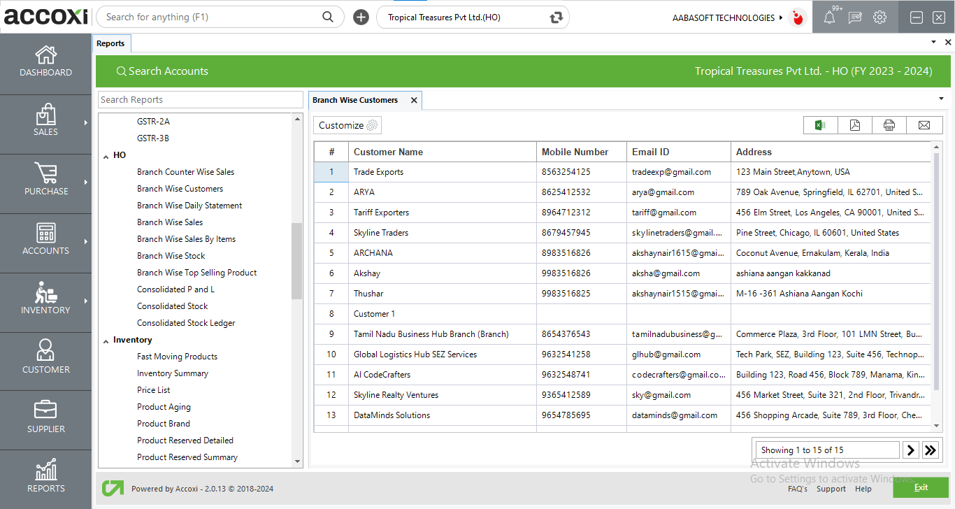Branch Wise Customer Report