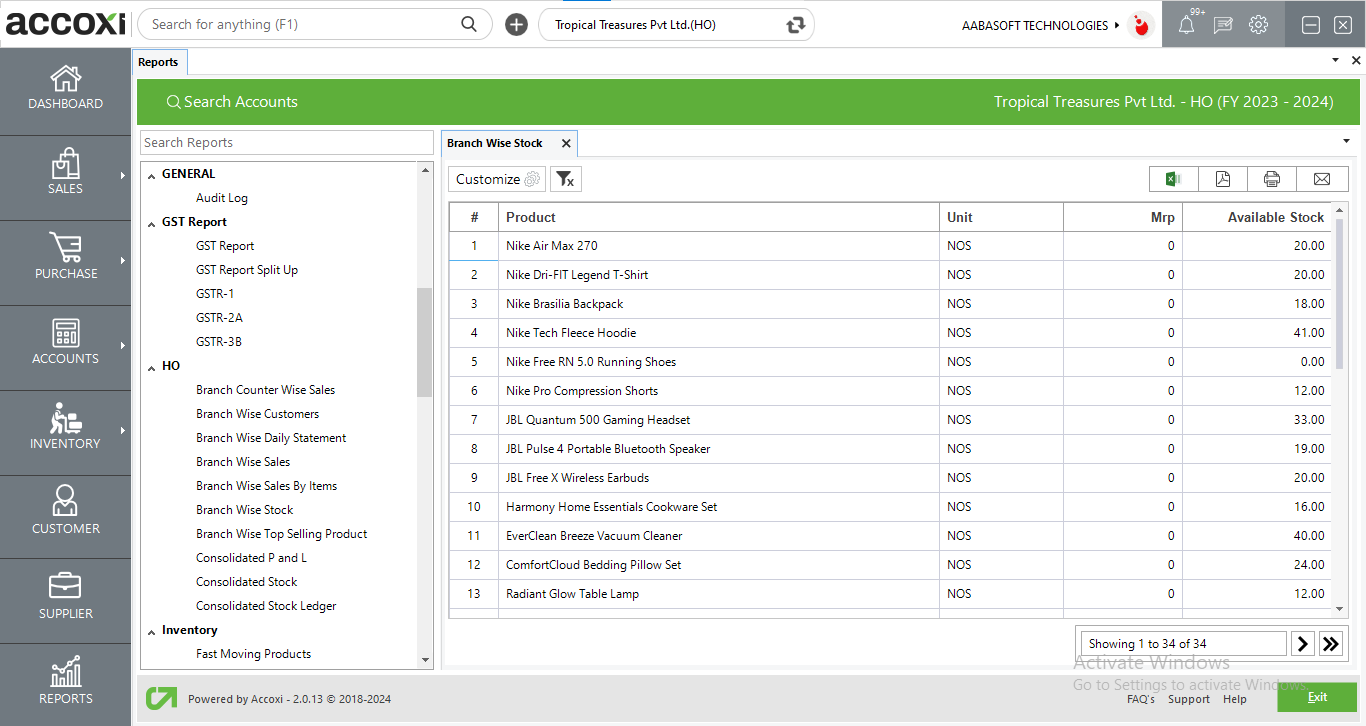 Branch Wise Stock Report
