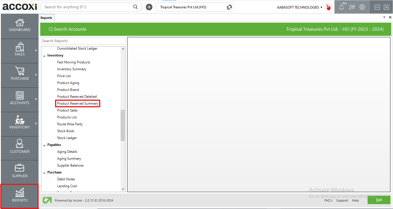 Product Reserved Summary