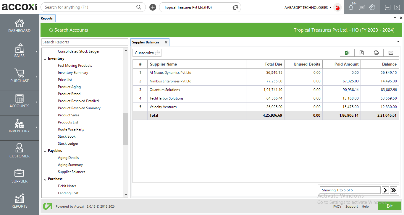 Supplier Balances Report